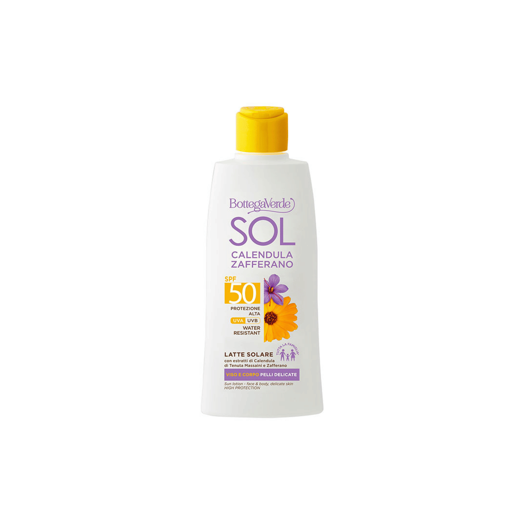 SOL CALENDULA ZAFFERANO - SUN LOTION - FACE AND BODY - DELICATE SKIN - FOR THE WHOLE FAMILY* - WITH EXTRACTS OF CALENDULA FROM TENUTA MASSAINI AND SAFFRON - SPF 50 HIGH PROTECTION (200 ML) - WATER RESISTANT