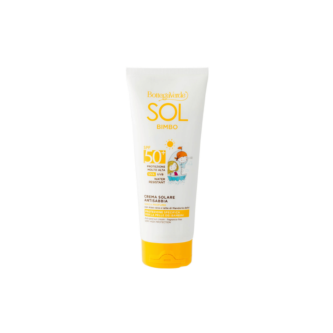 SOL BIMBO - SUN CREAM - ANTI-SAND, FRAGRANCE-FREE - WITH ALOE VERA AND SWEET ALMOND MILK - VERY HIGH PROTECTION SPF50+ (200 ML) - PROTECTION SPECIALLY DESIGNED FOR CHILDREN - WATER RESISTANT