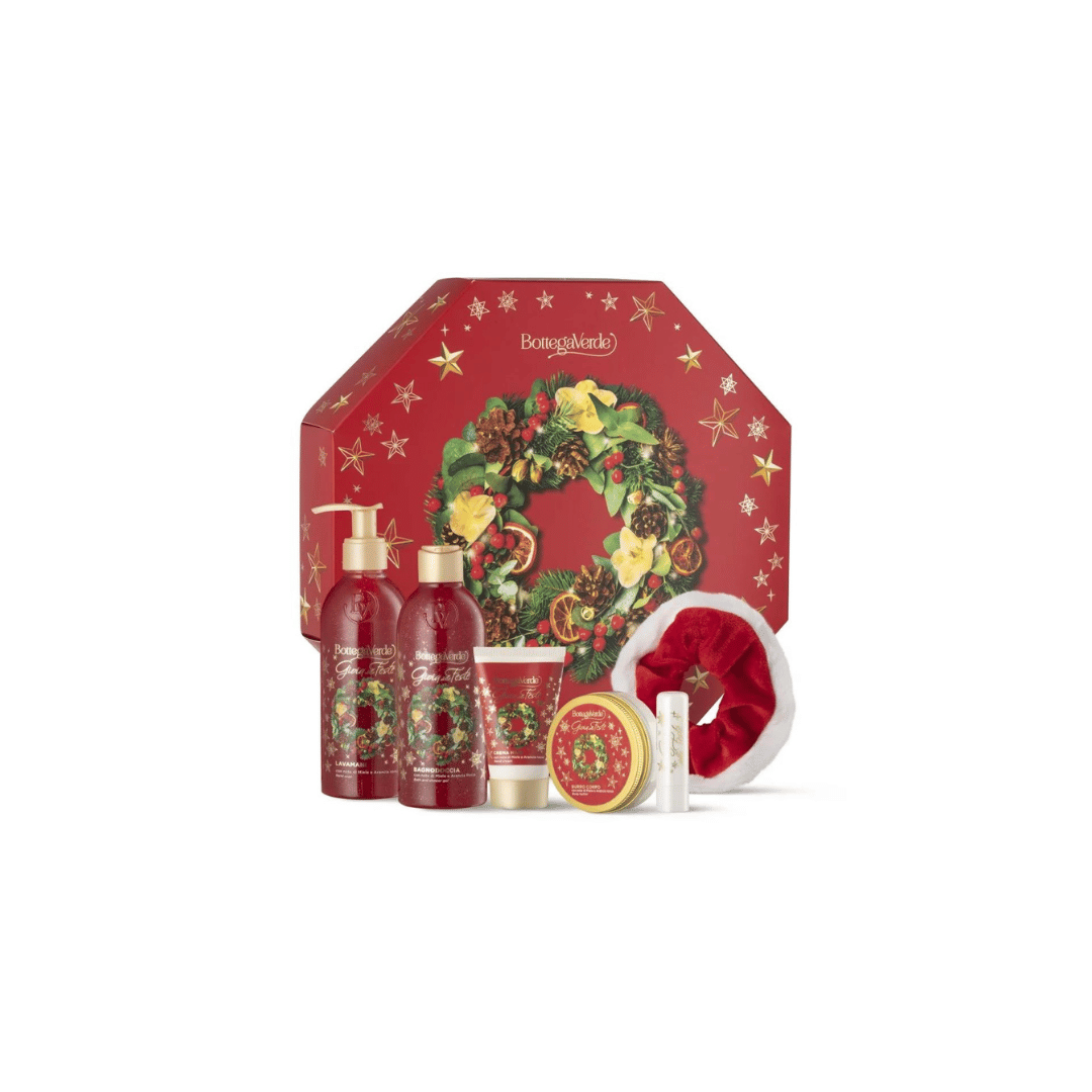 BOTTEGA VERDE EXCLUSIVE BOX HOLIDAY JOY Contains: Body wash (250 ml), Hand wash (250 ml), Body butter (50 ml), Hand cream (30 ml), Lip stick (5 ml), Hair tie