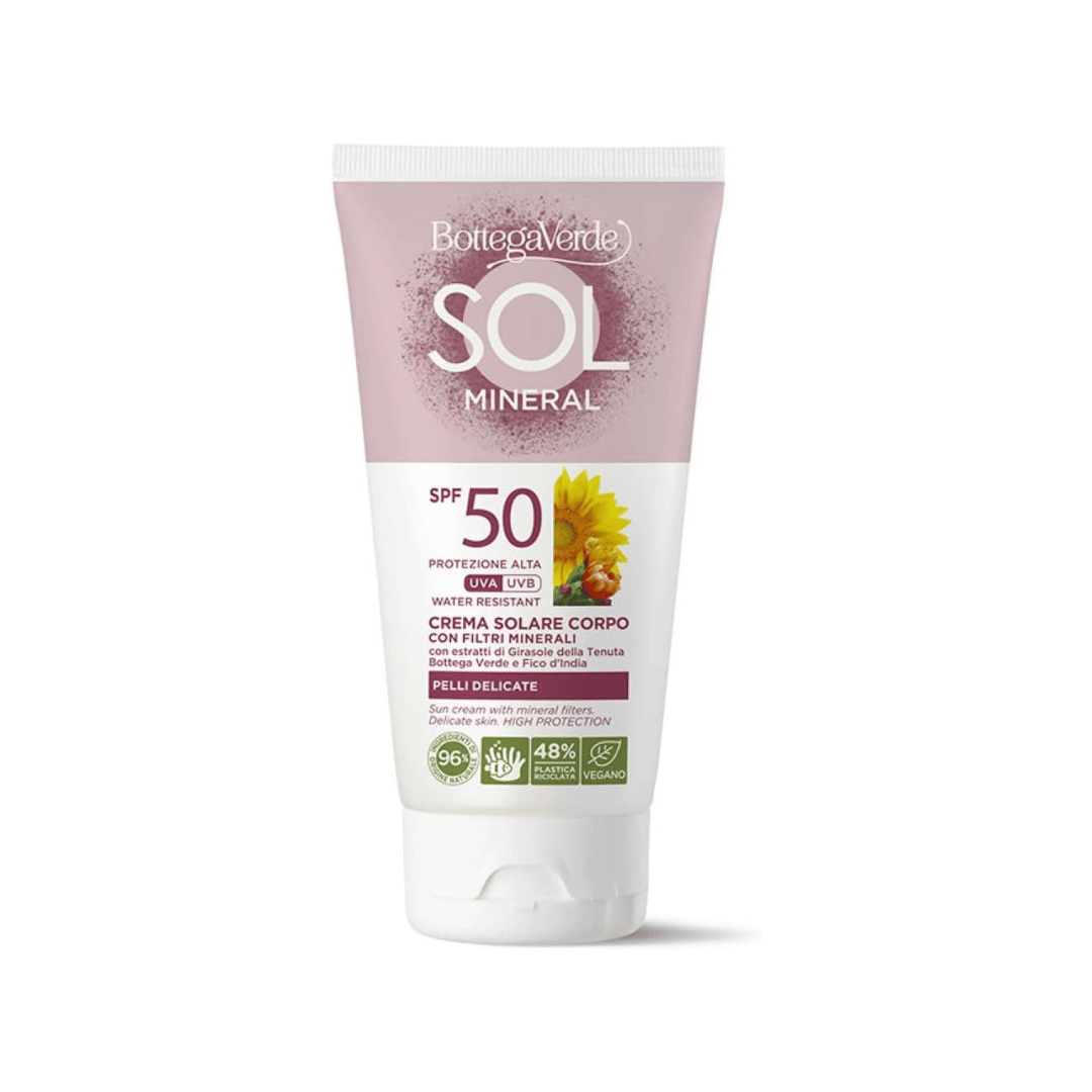 Bottega Verde - SOL Mineral - Body cream for delicate skin - with Tenuta Massaini Sunflower and Prickly Pear extracts - high protection SPF50 (120 ml) - water resistant