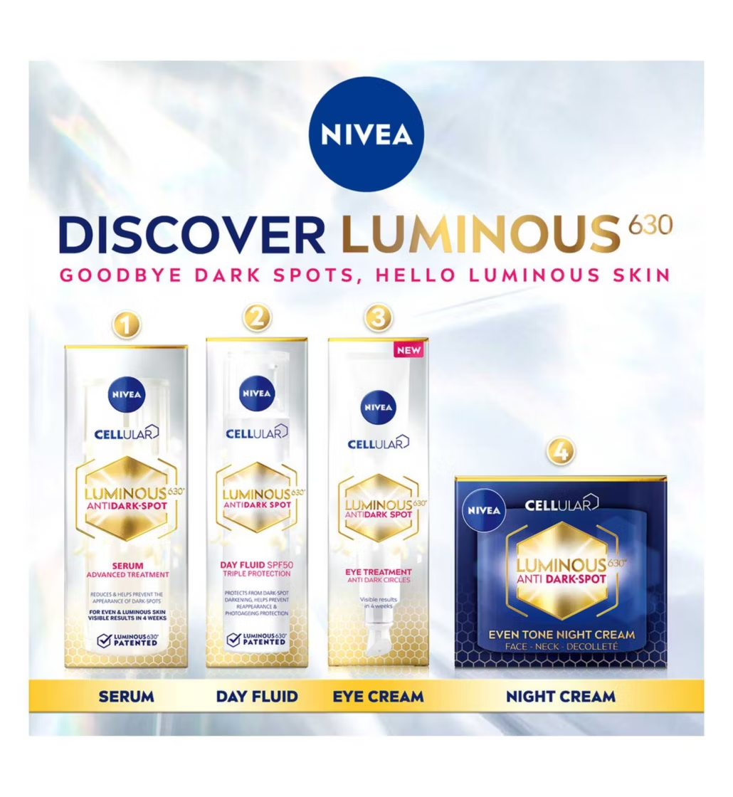 Nivea Cellular Luminous 630° Anti Dark-Spot Day Fluid SPF50 Triple Protection Moisturiser - 40ml