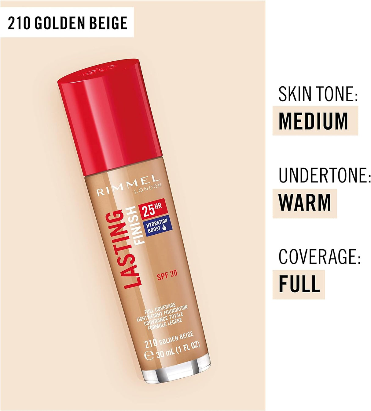 Rimmel Lasting Finish 25H Hydration Boost Foundation (210 Golden Beige)